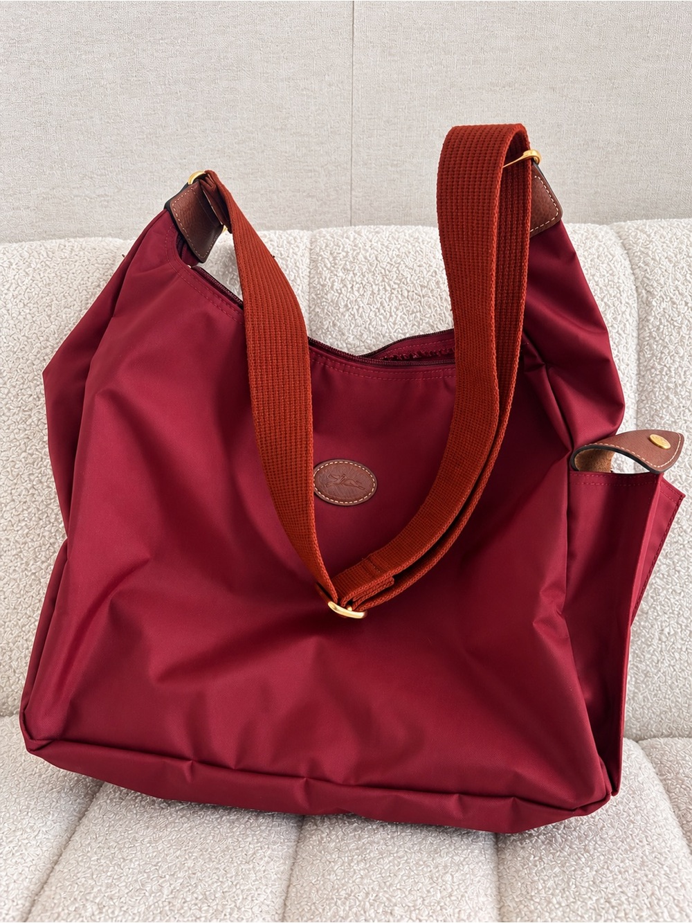 Longchamp Burgundy Shoulder Tote with Wide Adjustable Strap